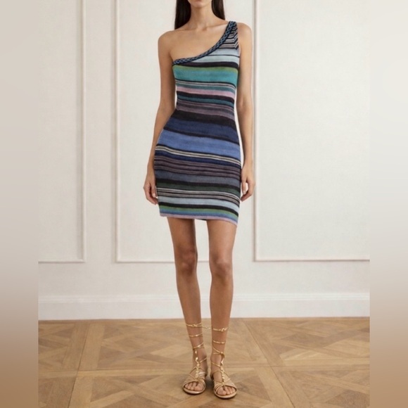 Missoni One Shoulder Miami Silk Multicolor Beaded KnitStripe Dress 40/ US 8